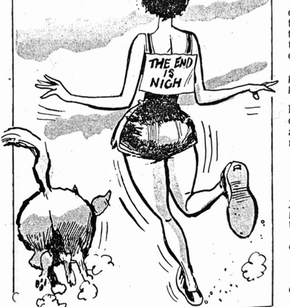 Cartoon accompanying the column: A jogger seen from behind in a vest reading THE END IS NIGH, a shaggy dog bounding along beside her.