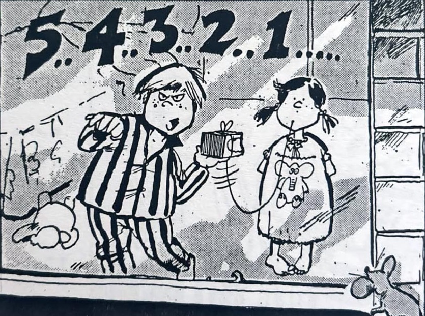 Cartoon accompanying the column: 5..4..3..2..1..... counted off across the top of the drawing, a boy in striped pyjamas swinging a brick on a string beside his small sister in her nightdress, and a mouse watching from the skirting board.