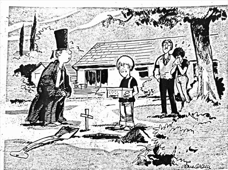Cartoon accompanying the column: A top-hatted undertaker and a small boy at a graveside under a tree, the boy holding a matchbox coffin, a dog digging at the turf behind them.
