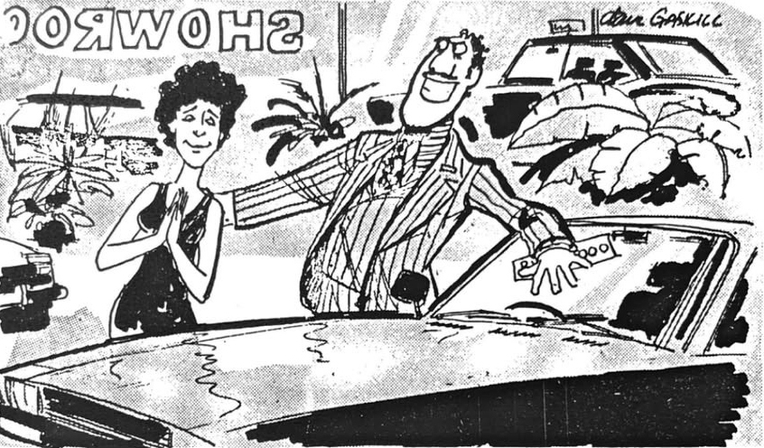 Cartoon accompanying the column: A salesman with his arm flung wide over a gleaming saloon in a SHOWROOM, Carol beside him with her hands clasped.