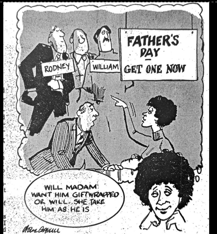 Cartoon accompanying the column: WILL MADAM WANT HIM GIFTWRAPPED OR WILL SHE TAKE HIM AS HE IS