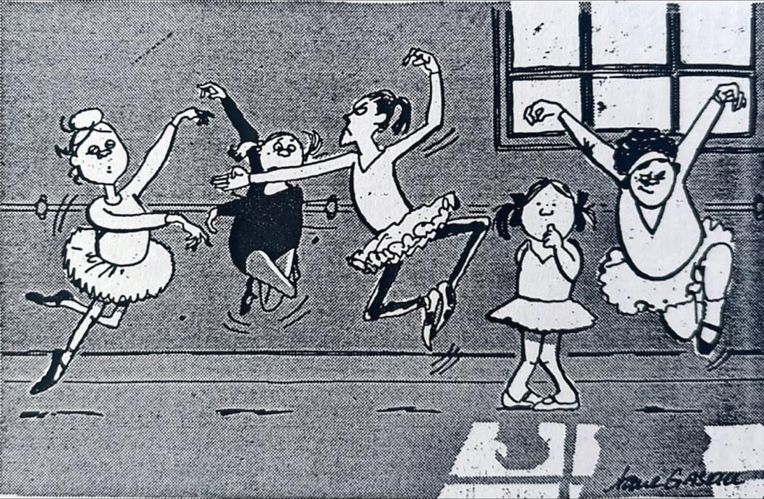 Cartoon accompanying the column: Five small ballerinas in tutus across a church-hall stage, arms up, each one facing a different way.