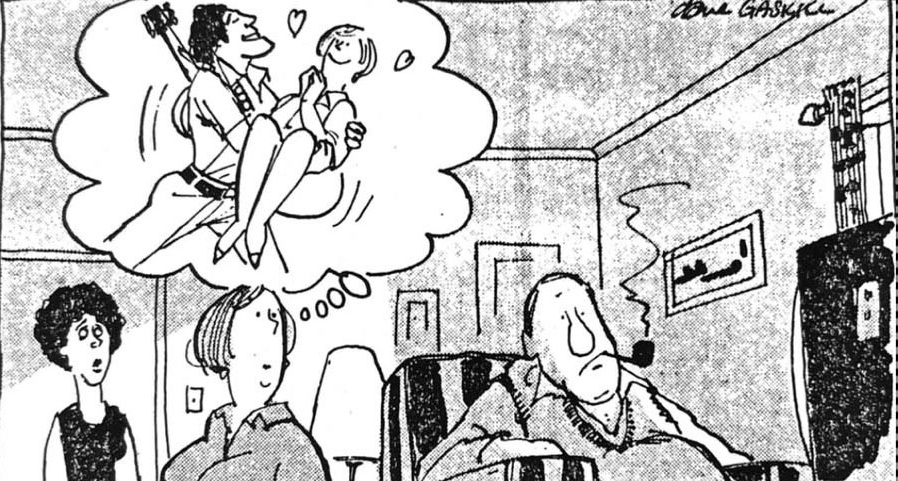 Cartoon accompanying the column: Women at a coffee table, and above one of them a thought bubble in which a man carries a woman off in his arms.
