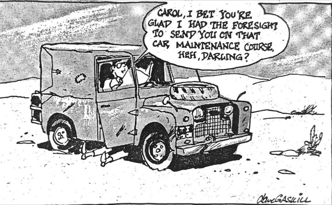 Cartoon accompanying the column: CAROL, I BET YOU'RE GLAD I HAD THE FORESIGHT TO SEND YOU ON THAT CAR MAINTENANCE COURSE, HEH, DARLING?