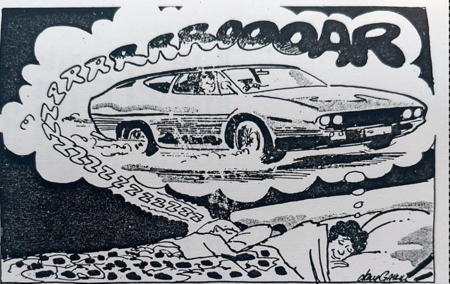 Cartoon accompanying the column: The husband's snoring Zs run up off the pillow and turn into ZZZRRRRROOOAR and a Lamborghini in the dream above the bed, while Carol lies awake beside him.