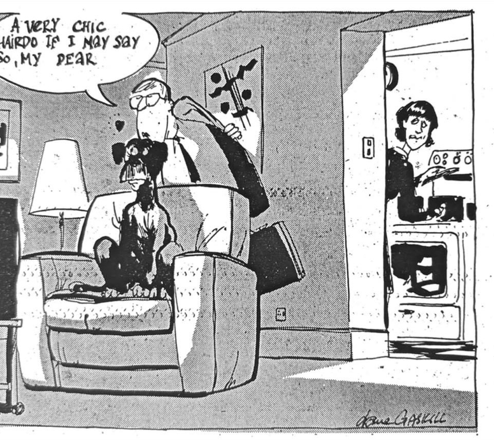 Cartoon accompanying the column: A VERY CHIC HAIRDO IF I MAY SAY SO, MY DEAR