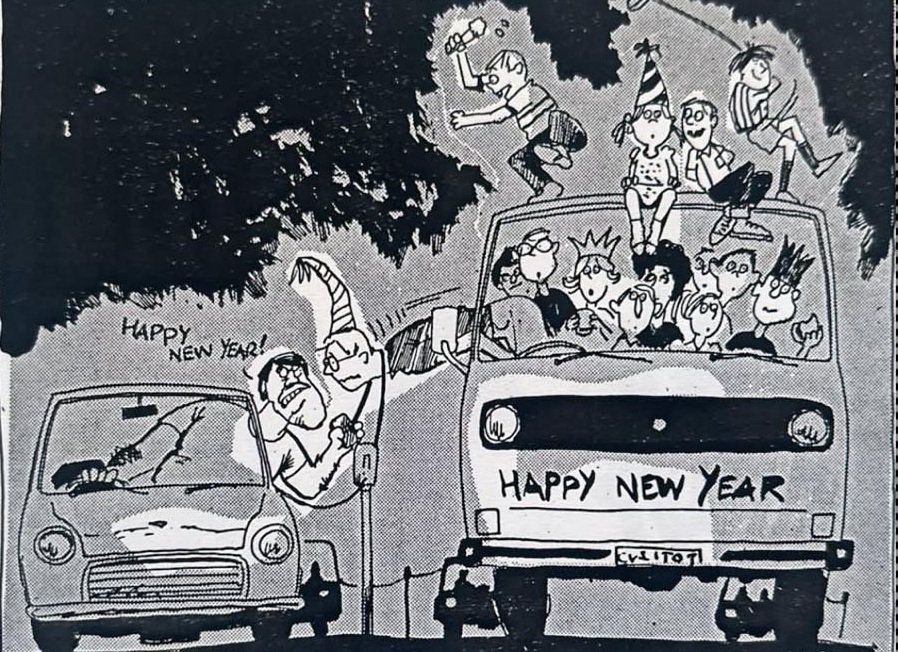 Cartoon accompanying the column: HAPPY NEW YEAR! shouted from the window of a Mini at the drive-in, with the Kombi alongside and children all over its roof.
