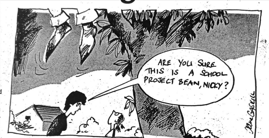 Cartoon accompanying the column: ARE YOU SURE THIS IS A SCHOOL PROJECT BEAN, NICKY?