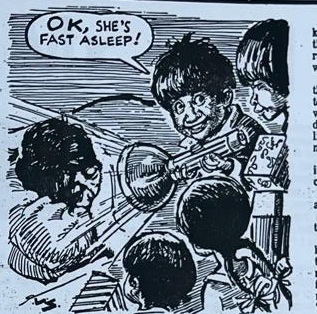 Cartoon accompanying the column: OK, SHE'S FAST ASLEEP!
