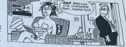 Cartoon accompanying the column: AND, DARLING IT'S CHEAPER THAN COSMETICS