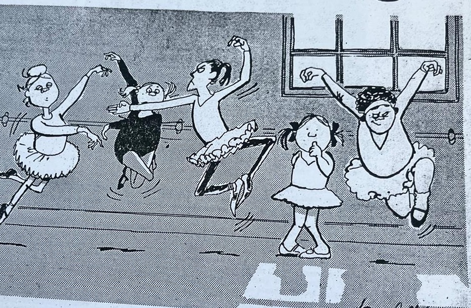Cartoon accompanying the column: Six dancers strung along the barre in mid-leap, arms flung up, in tutus and leotards, with the studio window behind them.