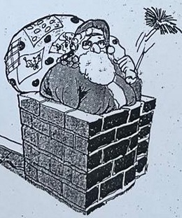 Cartoon accompanying the column: Father Christmas wedged in a chimney pot with his sack still on his back, and a sweep's brush coming up the flue behind him.