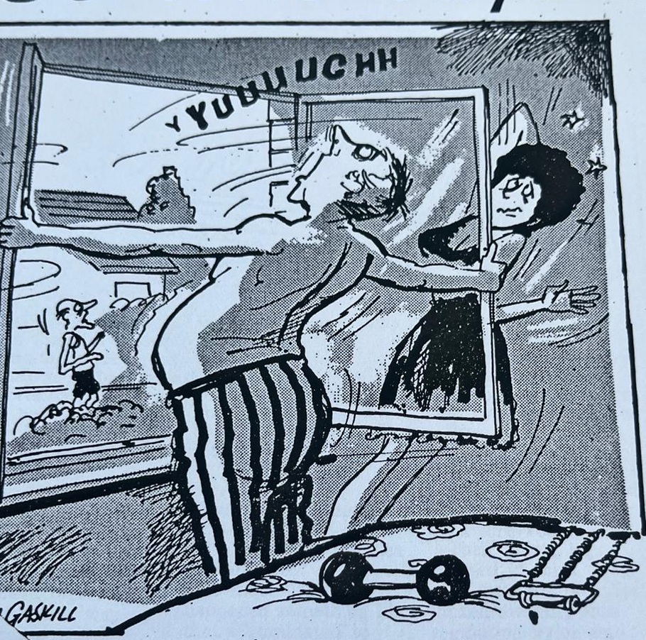 Cartoon accompanying the column: YUUUUUCHH, bellowed out of a window flung open at dawn by a man in striped pyjama bottoms, his wife recoiling in the bed behind him, dumbbells and a skipping rope on the floor.
