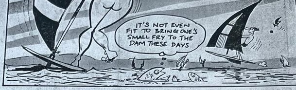 Cartoon accompanying the column: IT'S NOT EVEN FIT TO BRING ONE'S SMALL FRY TO THE DAM THESE DAYS, said by one fish to another under a dam crowded with windsurfers.