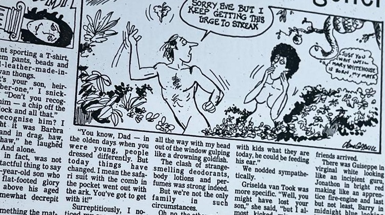 Cartoon accompanying the column: SORRY, EVE BUT I KEEP GETTING THIS URGE TO STREAK, called by Adam as he runs through Eden, while the serpent in the tree says JUST YOU WAIT UNTIL MARY WHITEHOUSE IS BORN, MY MATE.