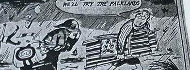 Cartoon accompanying the column: OK! OK! NEXT YEAR WE'LL TRY THE FALKLANDS, said by a father to his family as they sit out a gale on a beach under an umbrella.