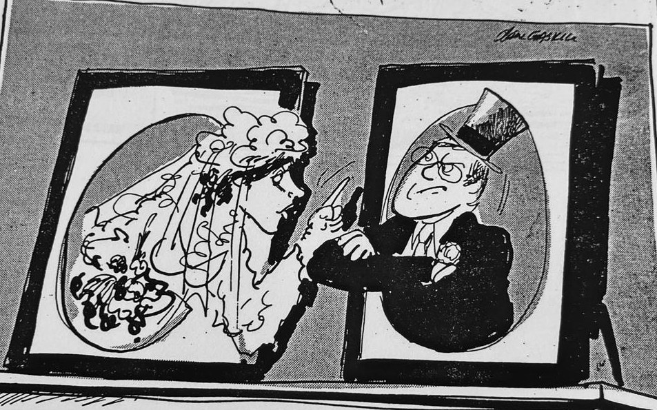 Cartoon accompanying the column: Two oval portraits in heavy frames, propped on a mantelpiece. In one a bride in veil and flounces holds her bouquet and raises a finger; in the other a groom in top hat, spectacles and buttonhole folds his arms. Both have leaned out of their own frame to face the other.