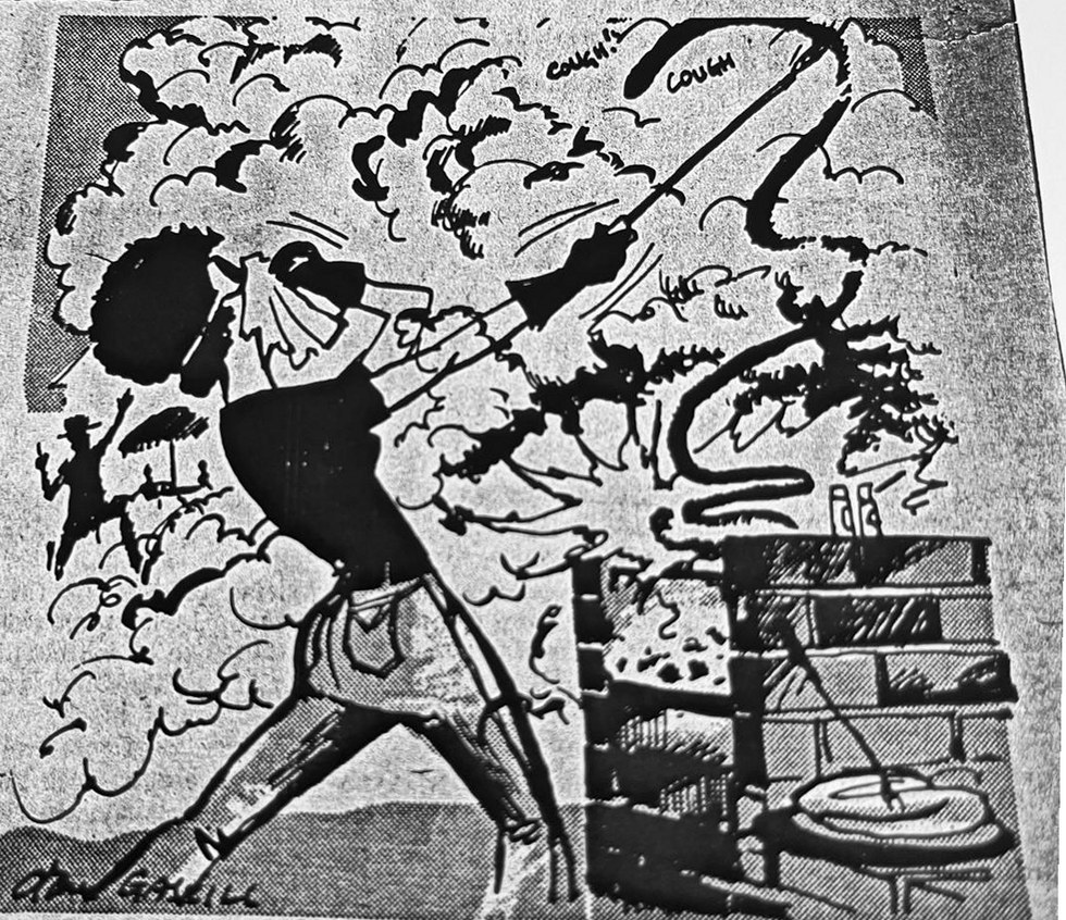 Cartoon accompanying the column: A woman braced against an enormous cloud of black smoke, a long fork raised in both hands, with COUGH!! COUGH lettered in the smoke around her. At the right a brick braai holds the fire and the grid, with two bottles standing on the wall; a small figure under a parasol is lost in the smoke at the left.