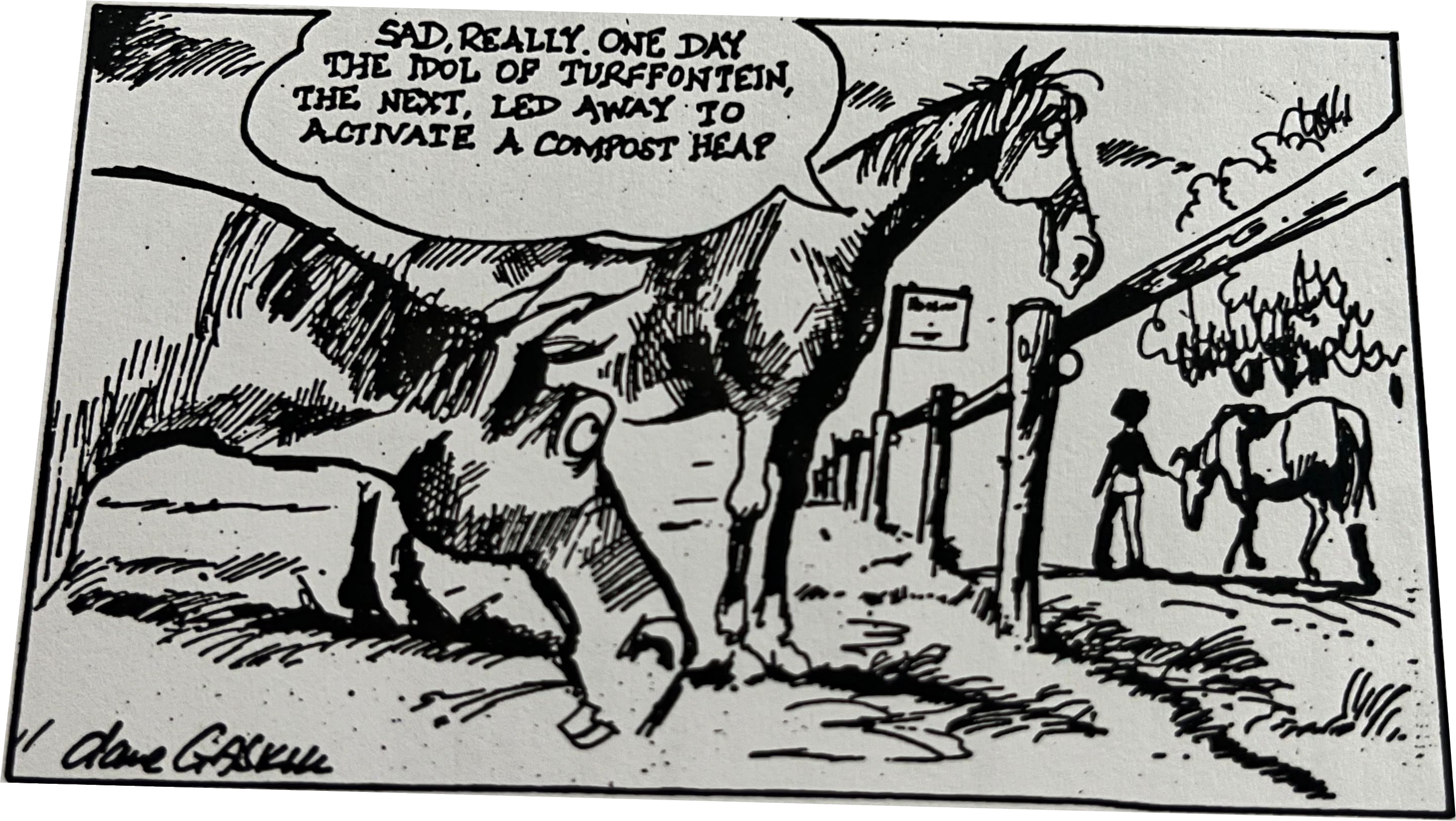 Cartoon accompanying the column: Sad, really. One day the idol of Turffontein, the next, led away to activate a compost heap