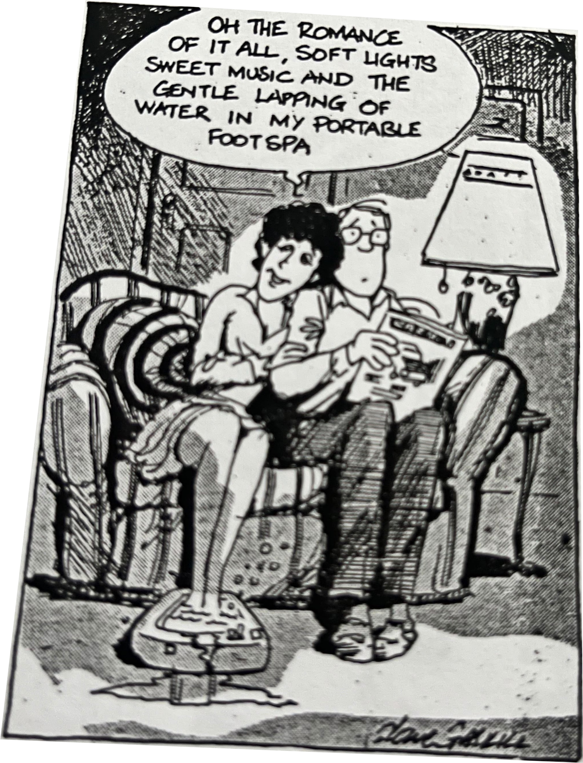 Cartoon accompanying the column: Oh the romance of it all, soft lights sweet music and the gentle lapping of water in my portable footspa