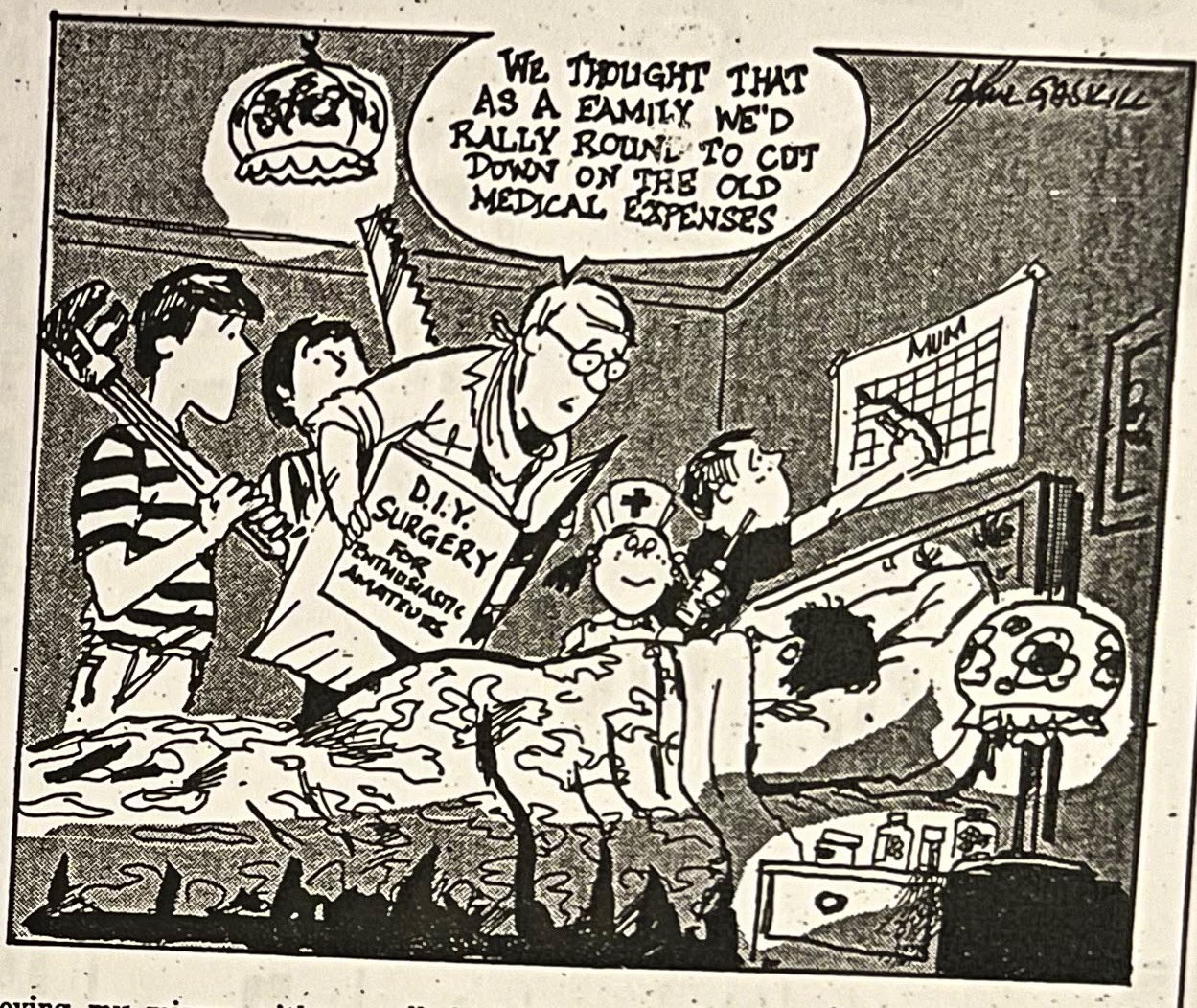 Cartoon accompanying the column: “We thought that as a family we’d rally round to cut down on the old medical expenses”