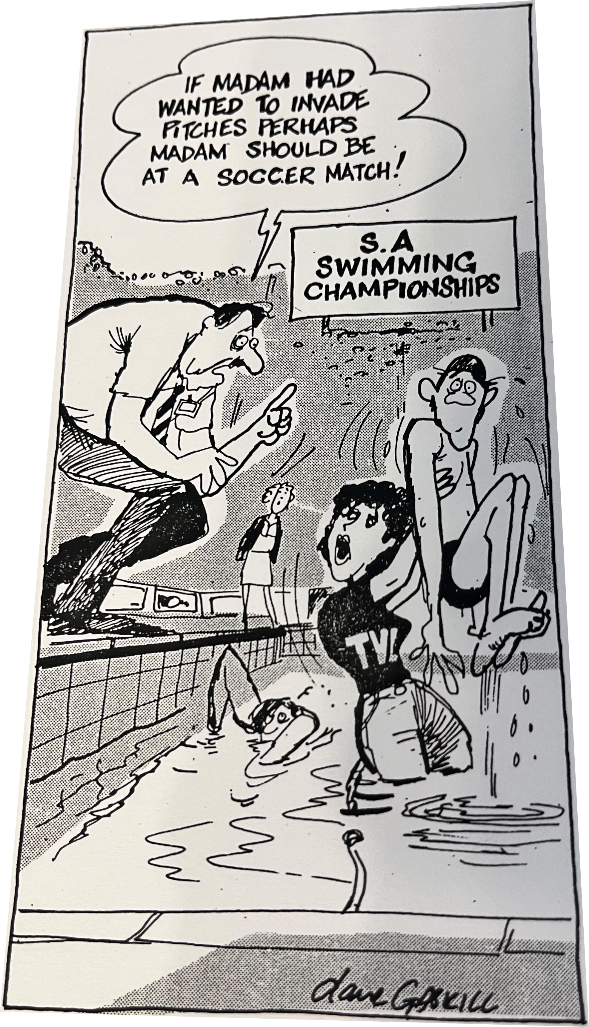 Cartoon accompanying the column: If Madam had wanted to invade pitches perhaps Madam should be at a soccer match!