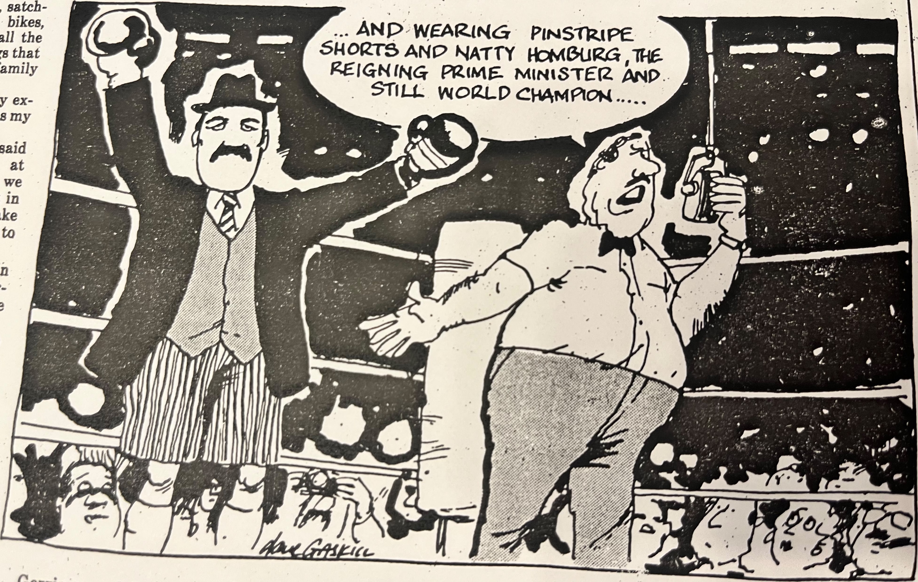 Cartoon accompanying the column: “… and wearing pinstripe shorts and natty homburg, the reigning Prime Minister and still world champion …” A boxer in a waistcoat and hat raises his gloves.