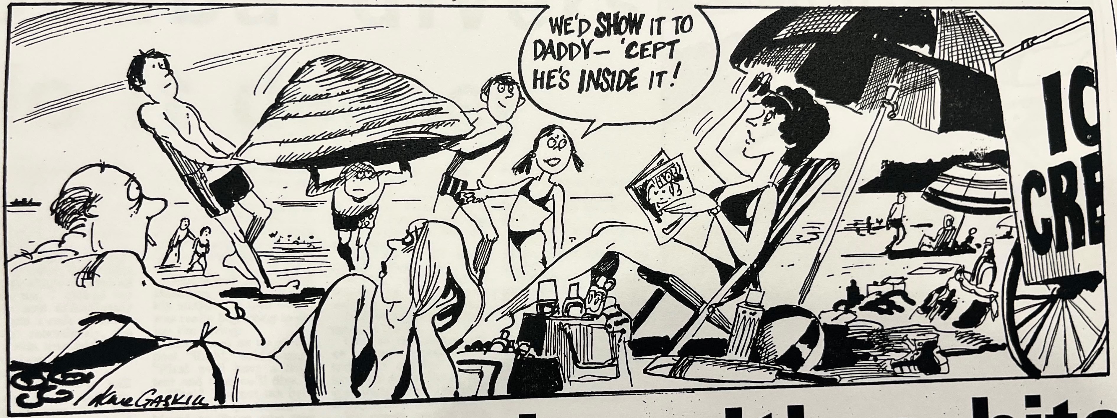 Cartoon accompanying the column: “We’d show it to Daddy — ’cept he’s inside it!” Children carry a giant shell past their mother on the beach.