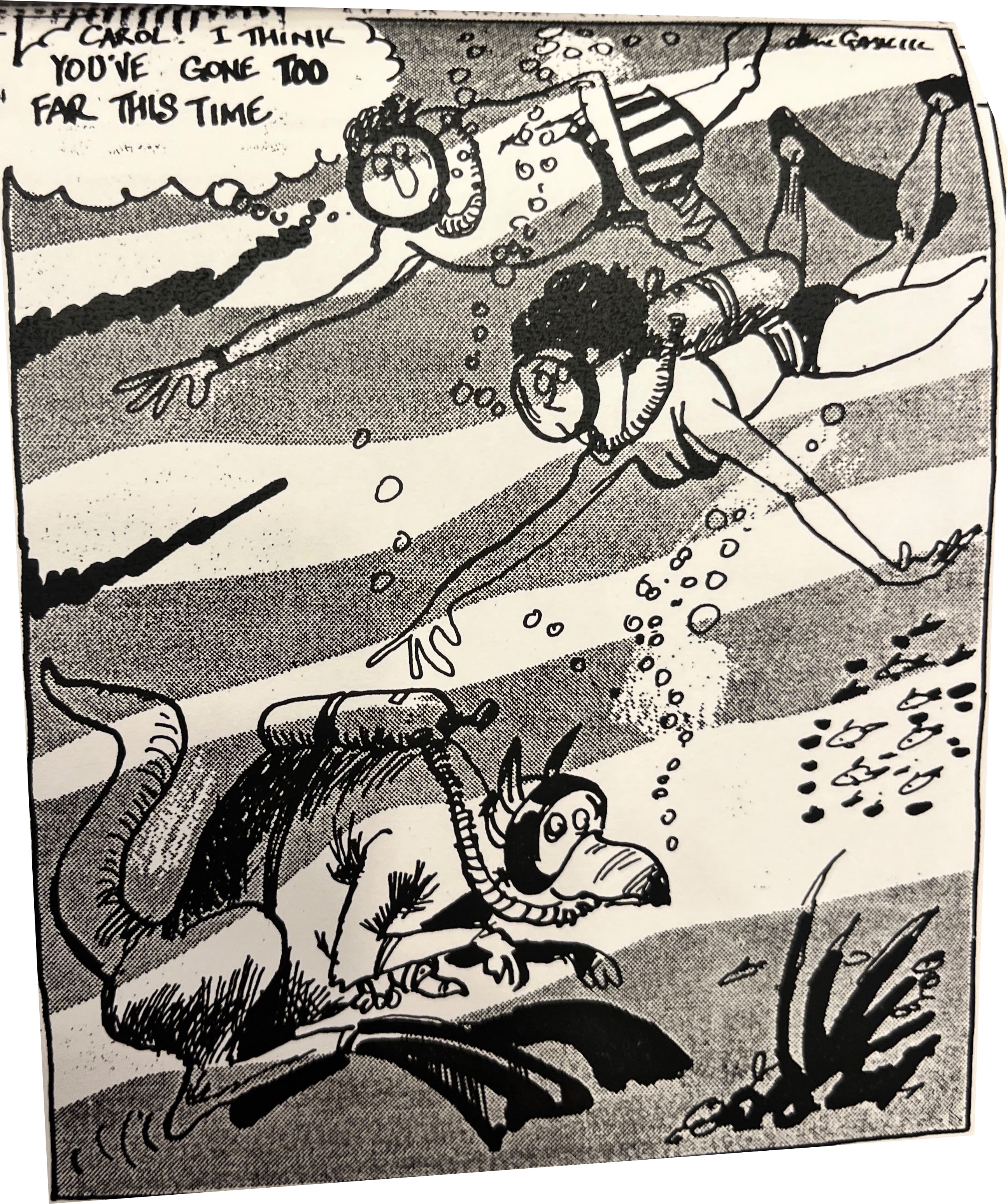 Cartoon accompanying the column: “Carol! I think you’ve gone too far this time.” Three scuba divers under water.