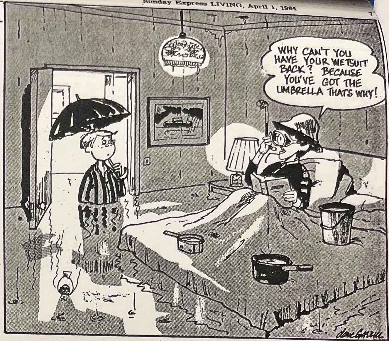 Cartoon accompanying the column: “Why can’t you have your wetsuit back? Because you’ve got the umbrella that’s why!”