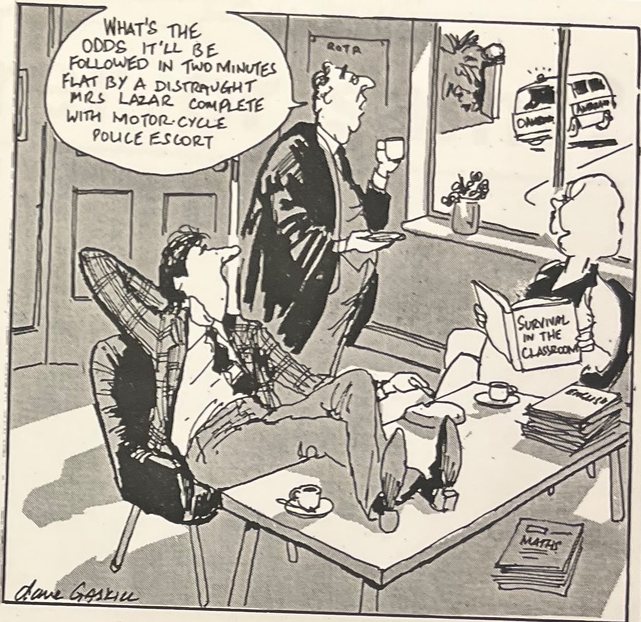 Cartoon accompanying the column: “What’s the odds it’ll be followed in two minutes flat by a distraught Mrs Lazar complete with motor-cycle police escort.”
