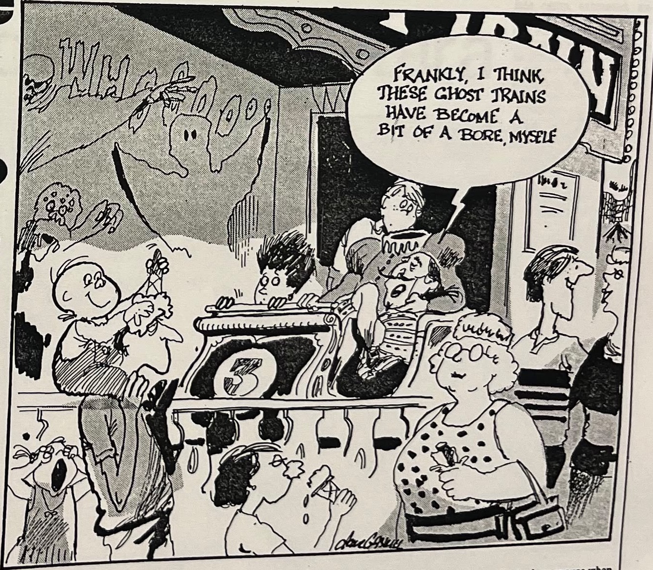 Cartoon accompanying the column: “Frankly, I think these ghost trains have become a bit of a bore, myself.”