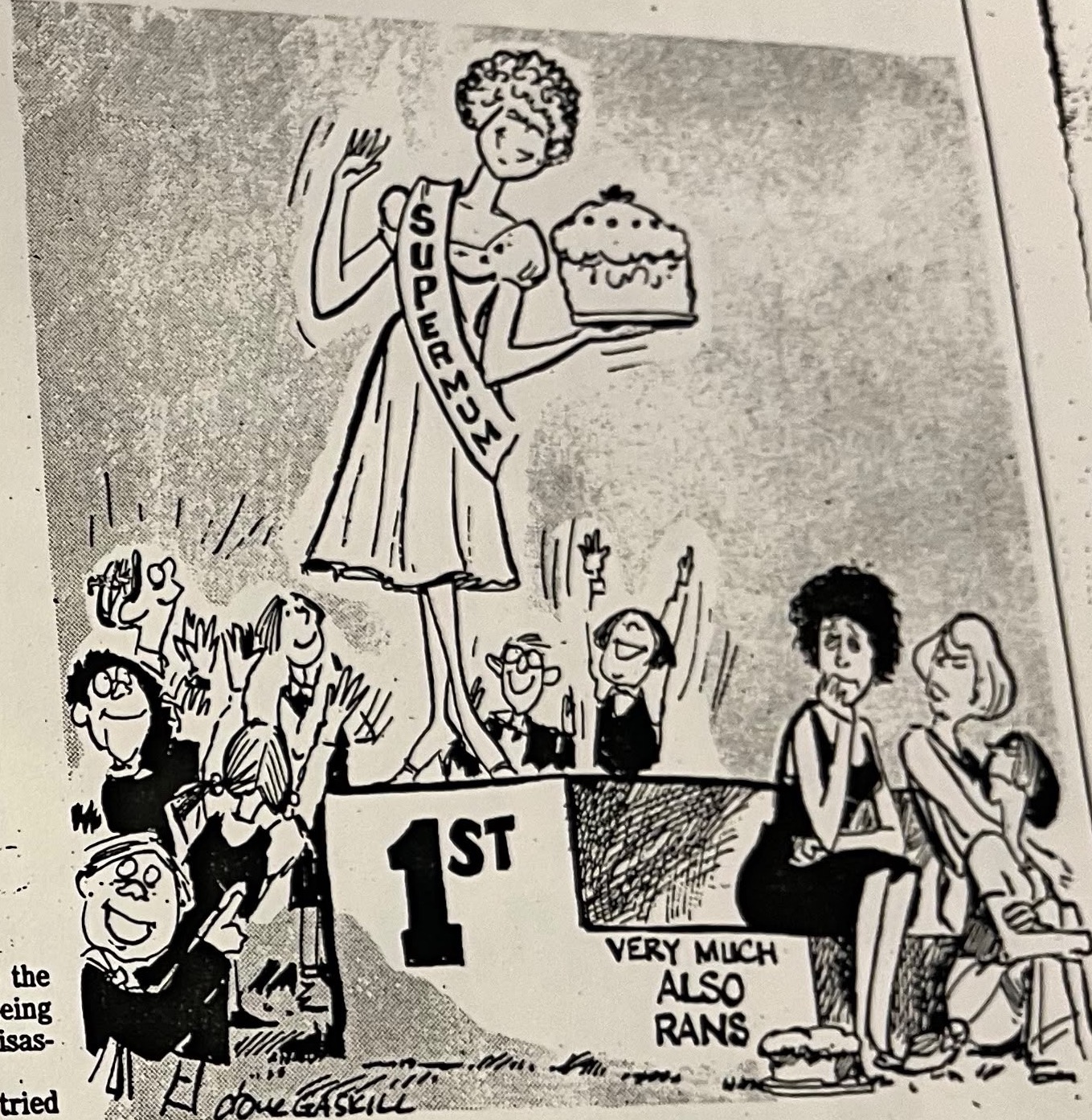 Cartoon accompanying the column: A cake-bearing “Supermum” stands on the first-place podium; Carol and another mother sit among the “Very much also rans”.
