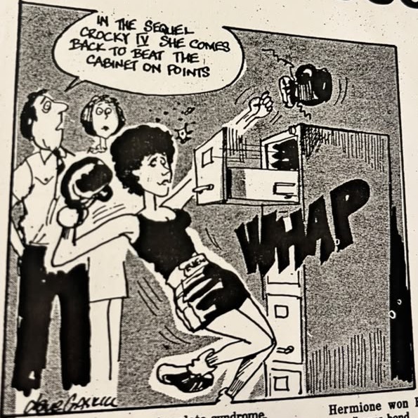 Cartoon accompanying the column: “In the sequel Crocky IV she comes back to beat the cabinet on points.”