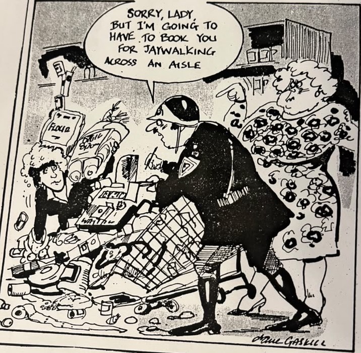 Cartoon accompanying the column: “Sorry, lady, but I’m going to have to book you for jaywalking across an aisle.”