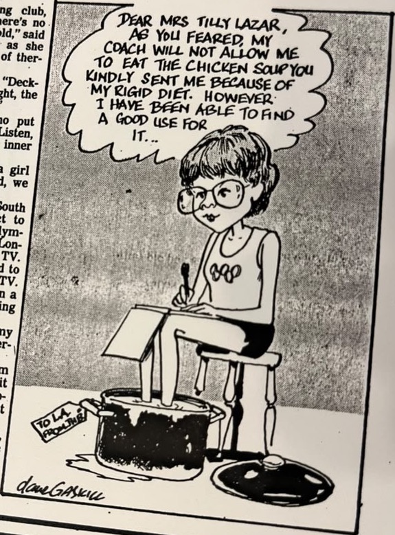 Cartoon accompanying the column: “Dear Mrs Tilly Lazar, as you feared my coach will not allow me to eat the chicken soup you kindly sent me because of my rigid diet. However, I have been able to find a good use for it ...” Zola uses the soup to soak her feet.