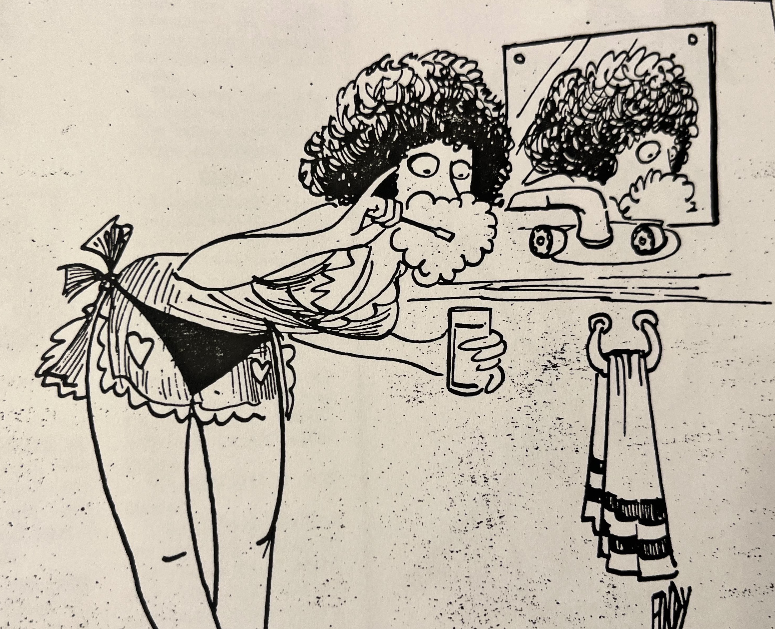 Cartoon accompanying the column: Carol brushes her teeth at the basin, her mouth covered in foam.
