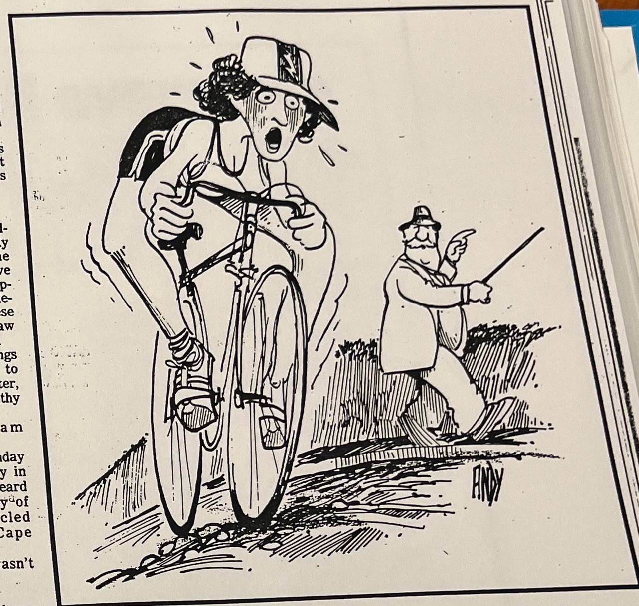 Cartoon accompanying the column: Carol struggles uphill on her bicycle while an older man strides past.