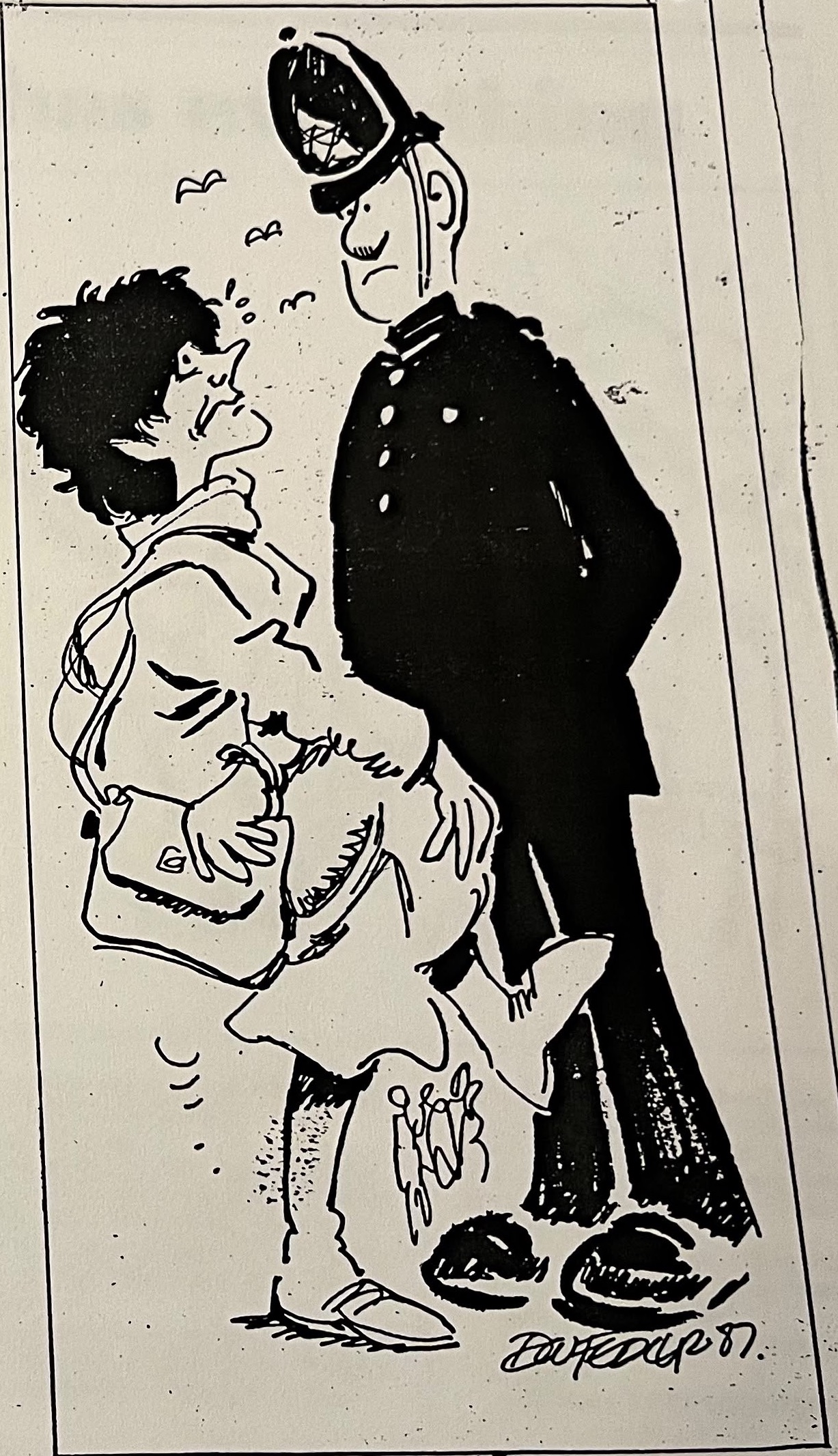 Cartoon accompanying the column: Carol looks up at a tall British policeman.