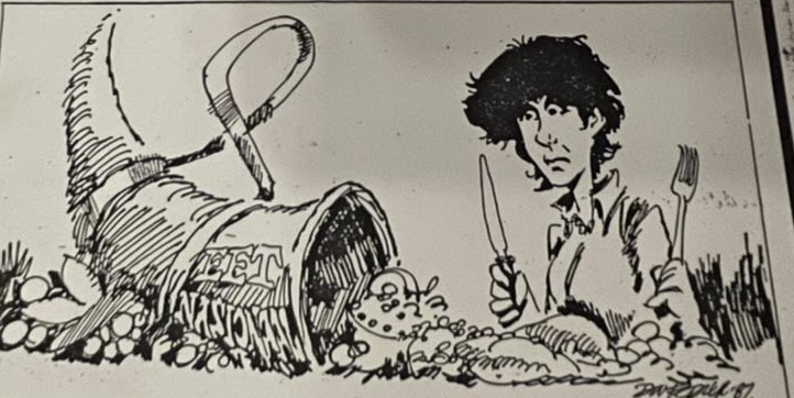 Cartoon accompanying the column: A horn of plenty tipped over and spilling its food across the ground, Carol behind it with a knife in one hand and a fork in the other.