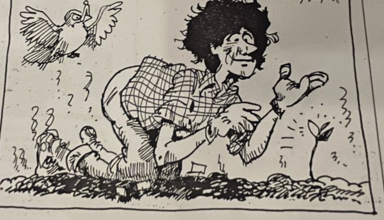 Cartoon accompanying the column: Carol down among the beds holding her nose, a bird flying off holding its beak and a worm holding whatever a worm holds, with one brave shoot coming up beside her.