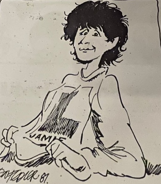 Cartoon accompanying the column: Jamie sitting in the grass wearing an L-plate across the front of his vest, JAMIE printed underneath it, entirely pleased with himself.