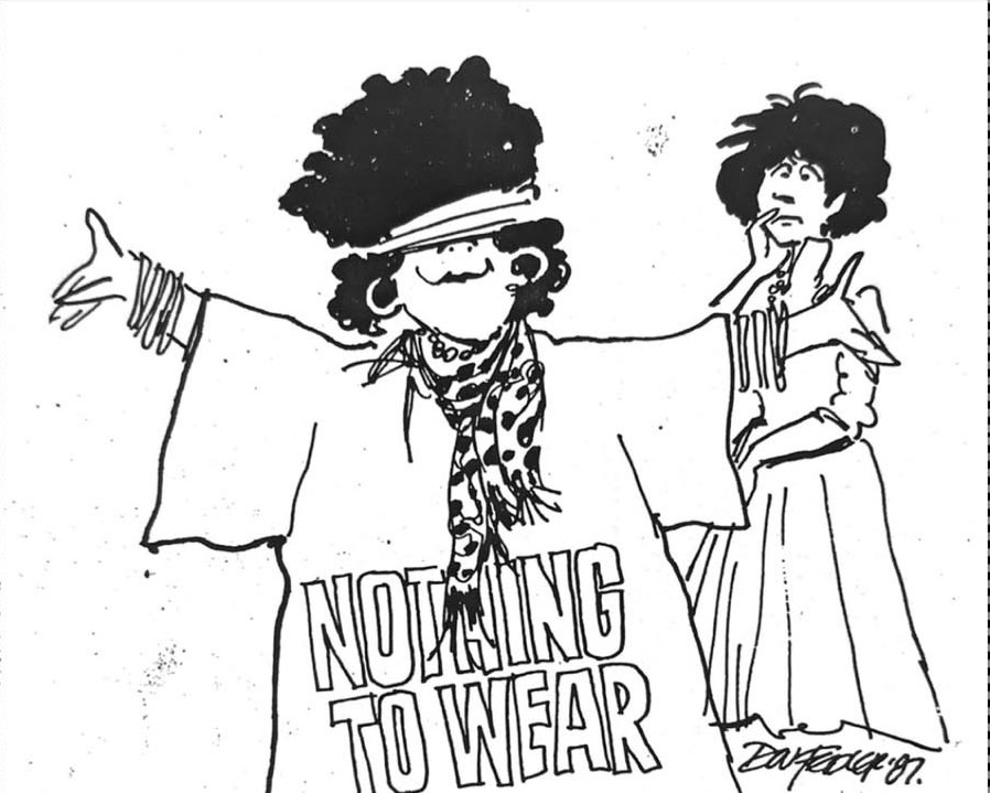 Cartoon accompanying the column: A girl in a vast T-shirt reading NOTHING TO WEAR, her mother beside her with a finger to her mouth.