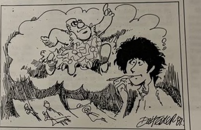 Cartoon accompanying the column: Carol with a pen to her lips, dreaming up the range: a statesman floating overhead in filmy chiffon with a gathered skirt and a raised finger.