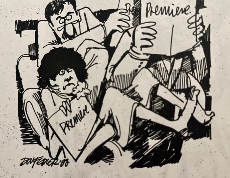 Cartoon accompanying the column: Carol folded backwards into a cinema seat with the hinge gone, her Premiere programme still in her hand and her feet in the air, her husband reading his own programme behind her.