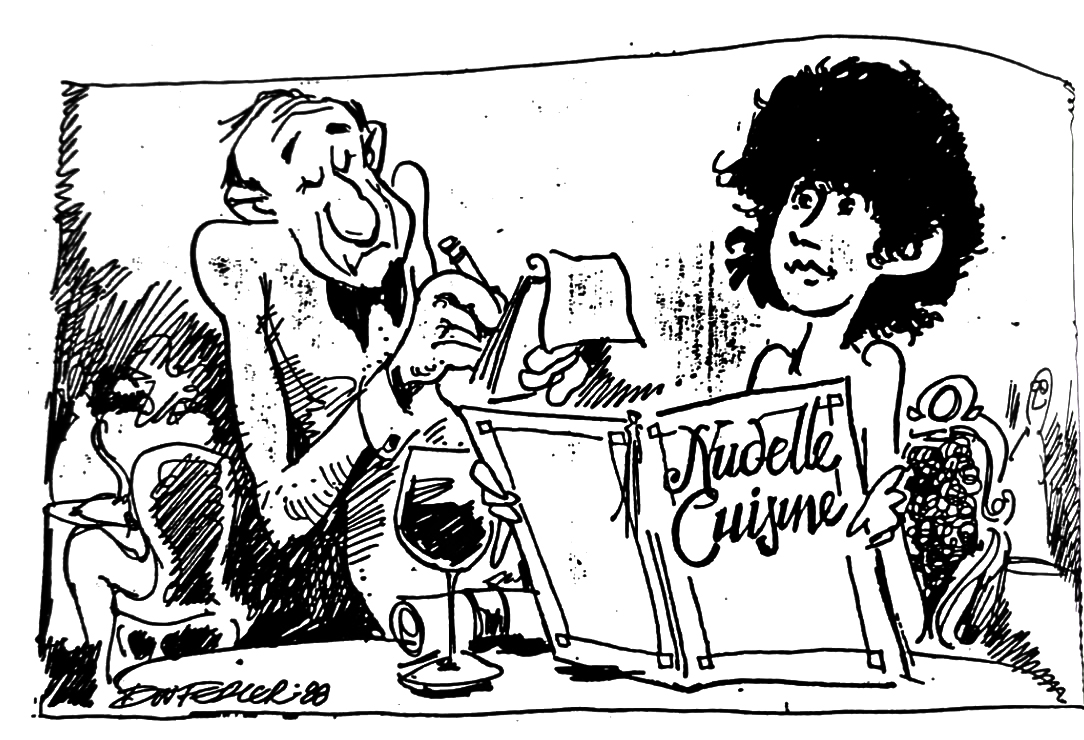 Cartoon accompanying the column: A nude couple at dinner, consulting the menu: Nudelle Cuisine.