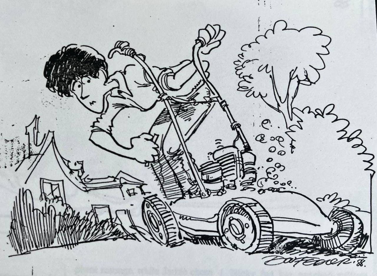 Cartoon accompanying the column: Jamie hauling Gottschalk the lawnmower across the grass, the machine running away with him.