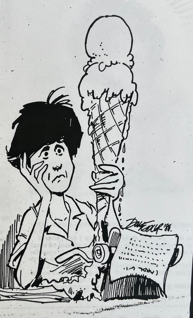 Cartoon accompanying the column: Carol propping her chin on one hand while a towering ice-cream cone melts down her other arm on to the newspaper.