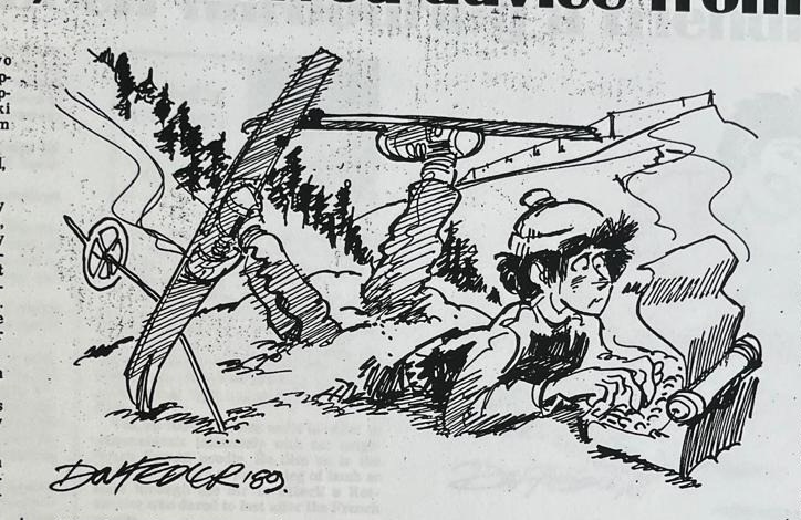 Cartoon accompanying the column: Carol head-down in the snow with her skis in the air, the instructor going by overhead on the chairlift.