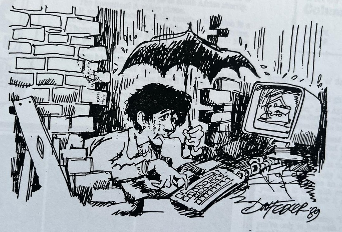 Cartoon accompanying the column: Carol typing under an umbrella, the rain coming through what is left of the roof and the brick wall open behind her.